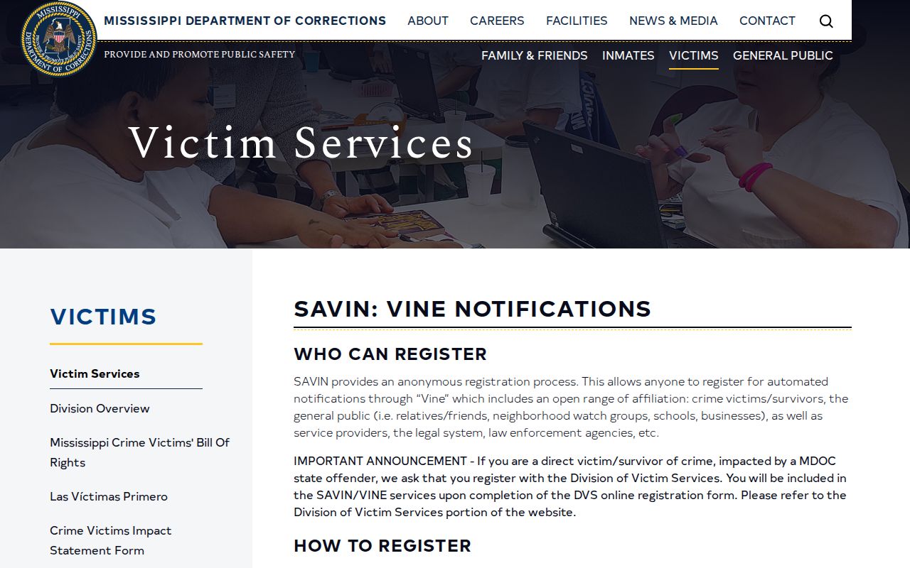 Mississippi SAVIN VINE notification service information page